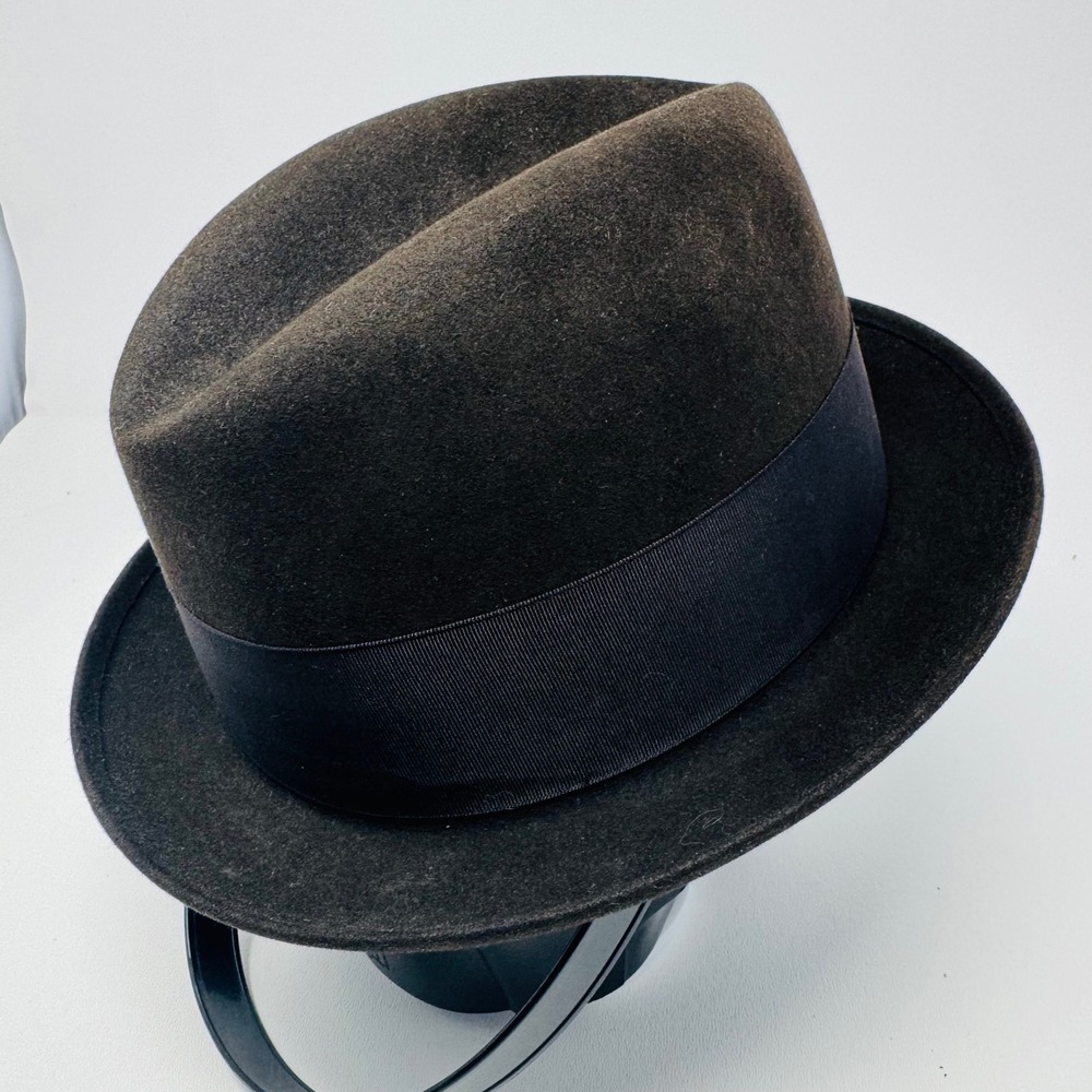 Vintage Mallory Fedora Hat Brown Fur Felt Cravenette Processed‎ Size 7 Feather